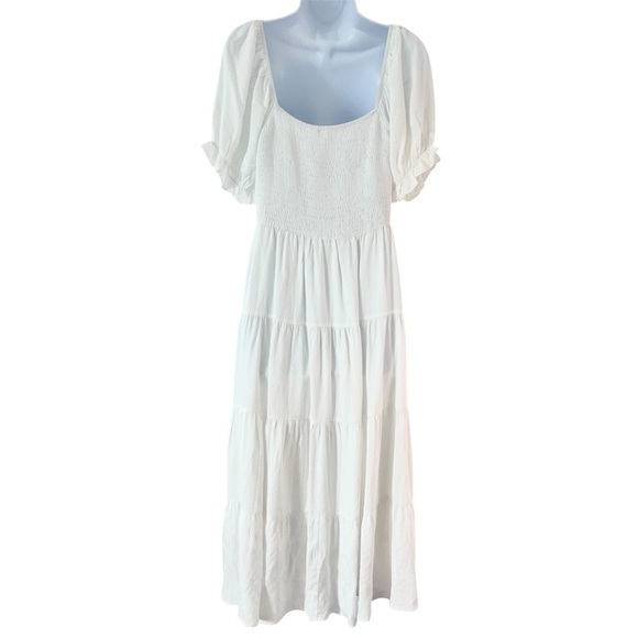 ANRABESS White Tiered Smocked Bodice Peasant Maxi Dress Size L Puff Sleeve Boho - Picture 8 of 14